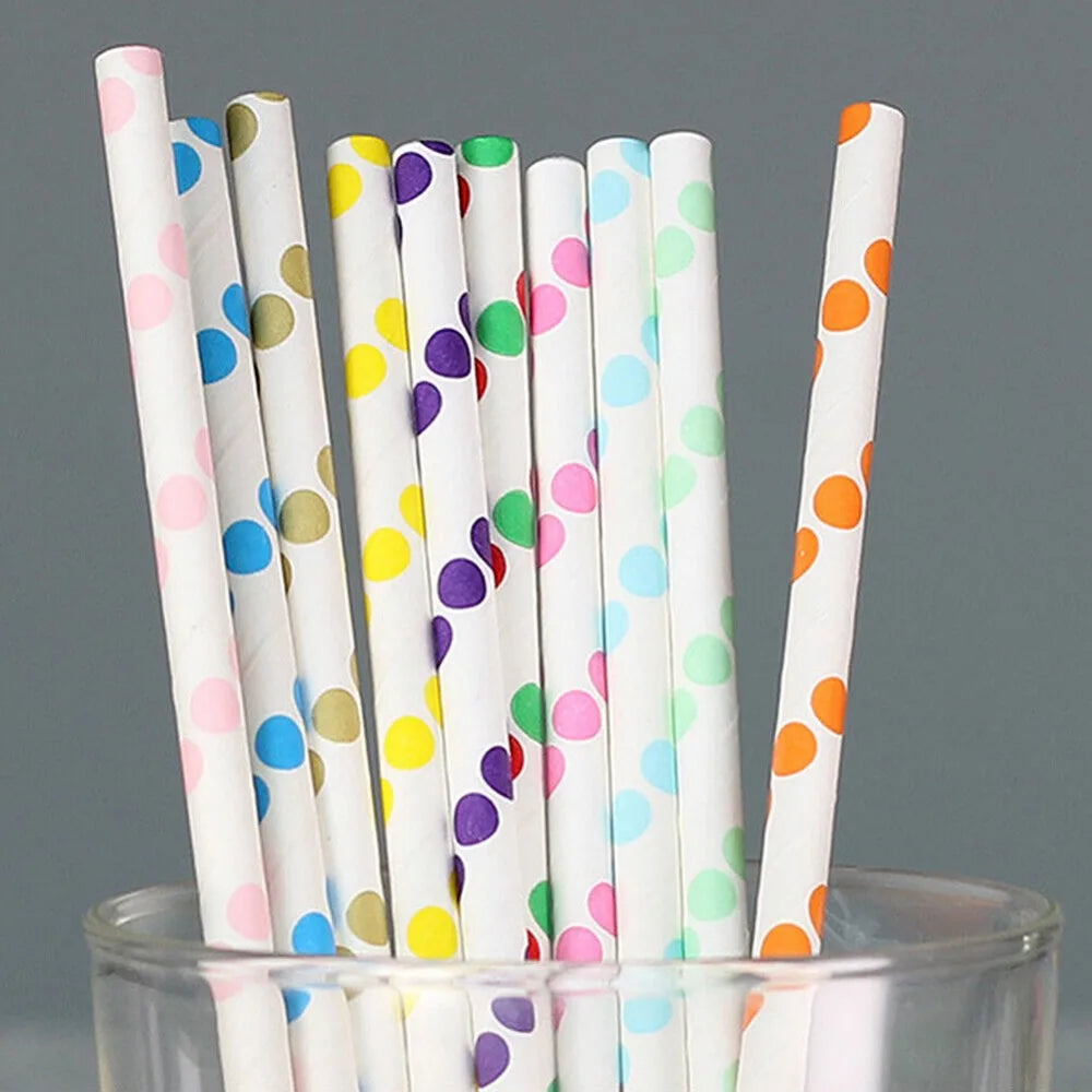 100 Bulk Packed Paper Straws Pattern Color -Biodegradable Drinking Straws Party Suppliers