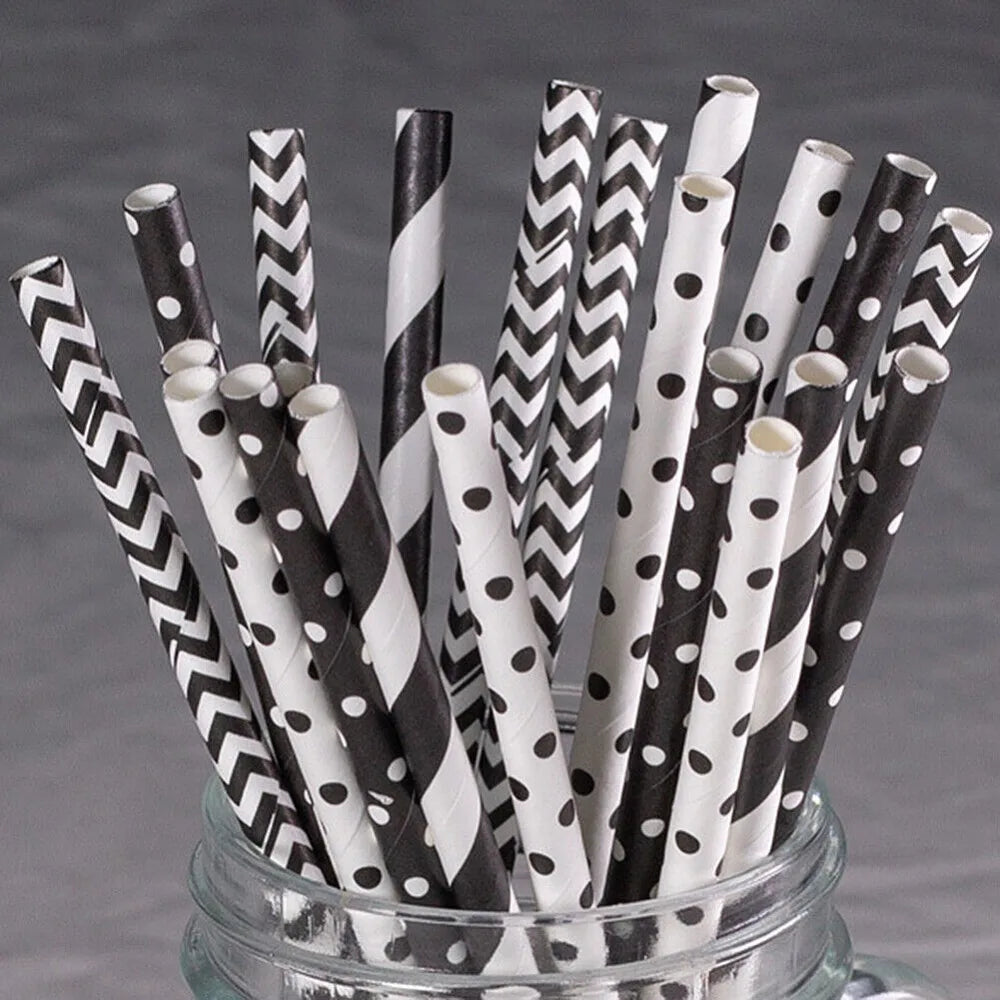 100 Bulk Packed Paper Straws Pattern Color -Biodegradable Drinking Straws Party Suppliers