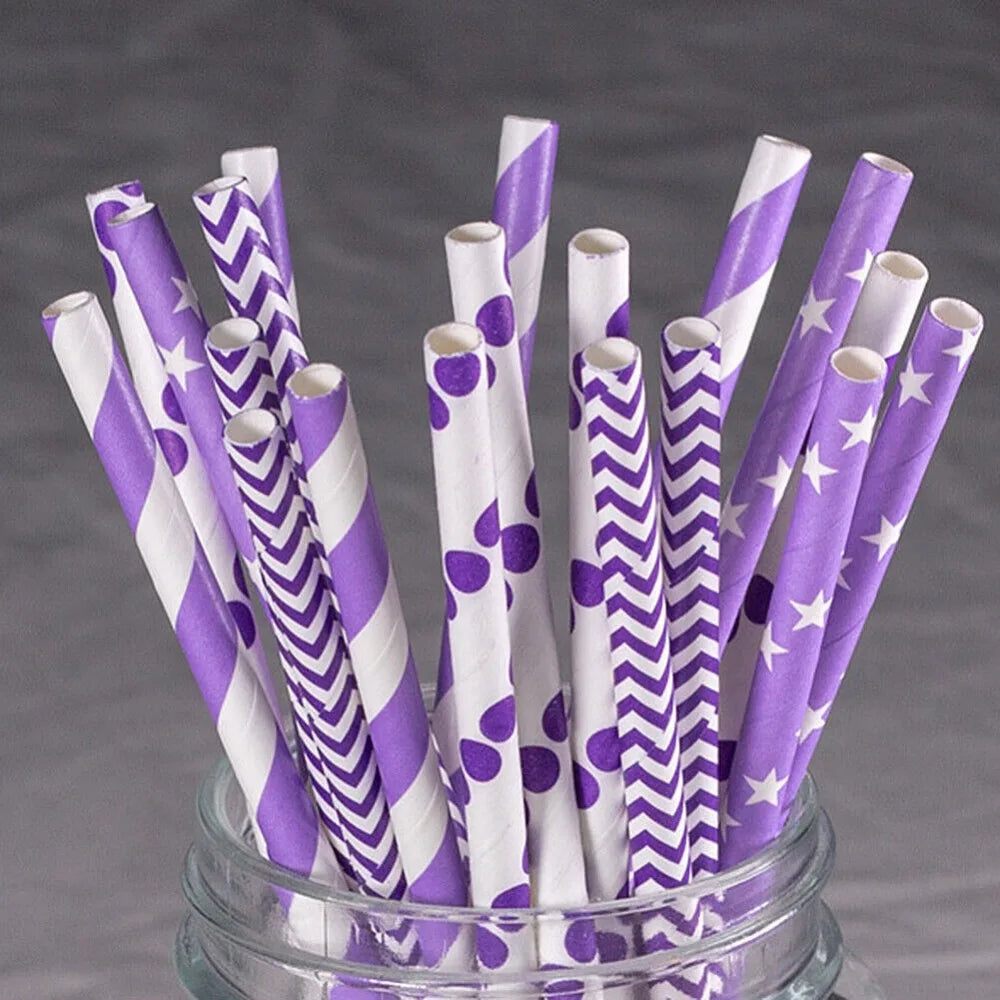 100 Bulk Packed Paper Straws Pattern Color -Biodegradable Drinking Straws Party Suppliers