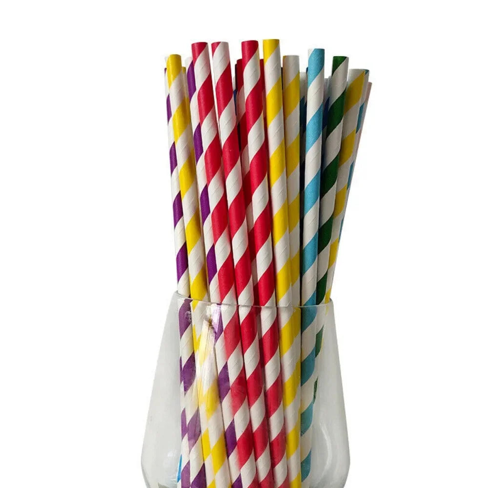 100 Bulk Packed Paper Straws Pattern Color -Biodegradable Drinking Straws Party Suppliers