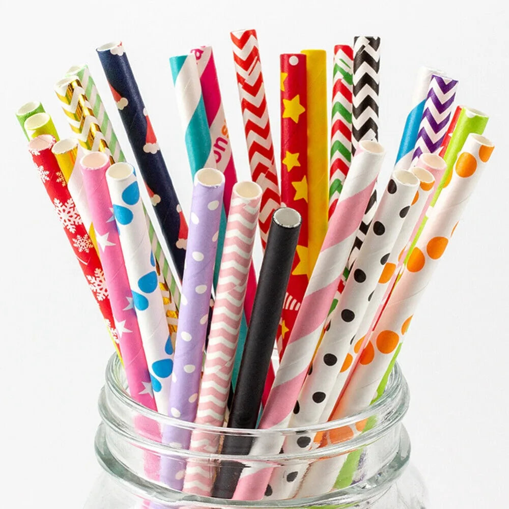 100 Bulk Packed Paper Straws Pattern Color -Biodegradable Drinking Straws Party Suppliers