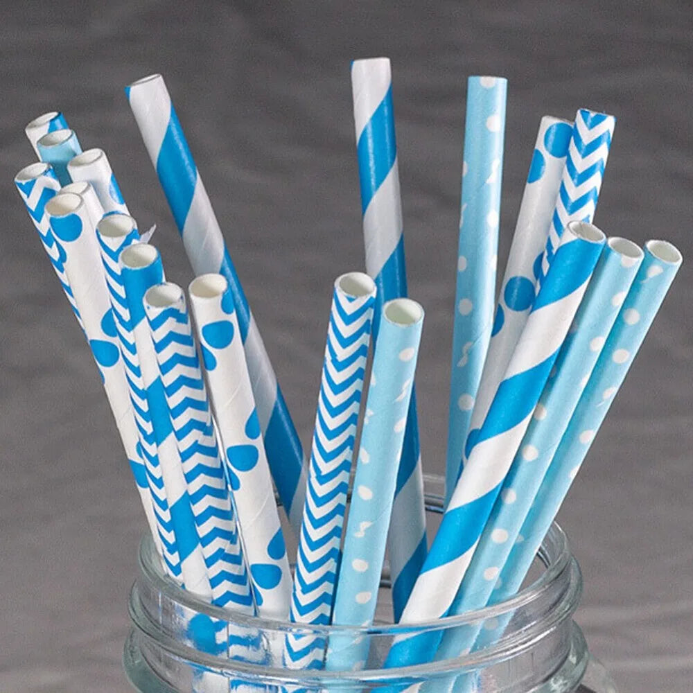100 Bulk Packed Paper Straws Pattern Color -Biodegradable Drinking Straws Party Suppliers