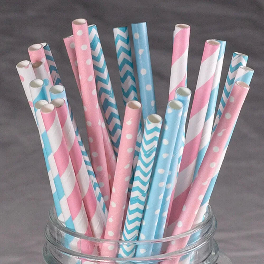 100 Bulk Packed Paper Straws Pattern Color -Biodegradable Drinking Straws Party Suppliers