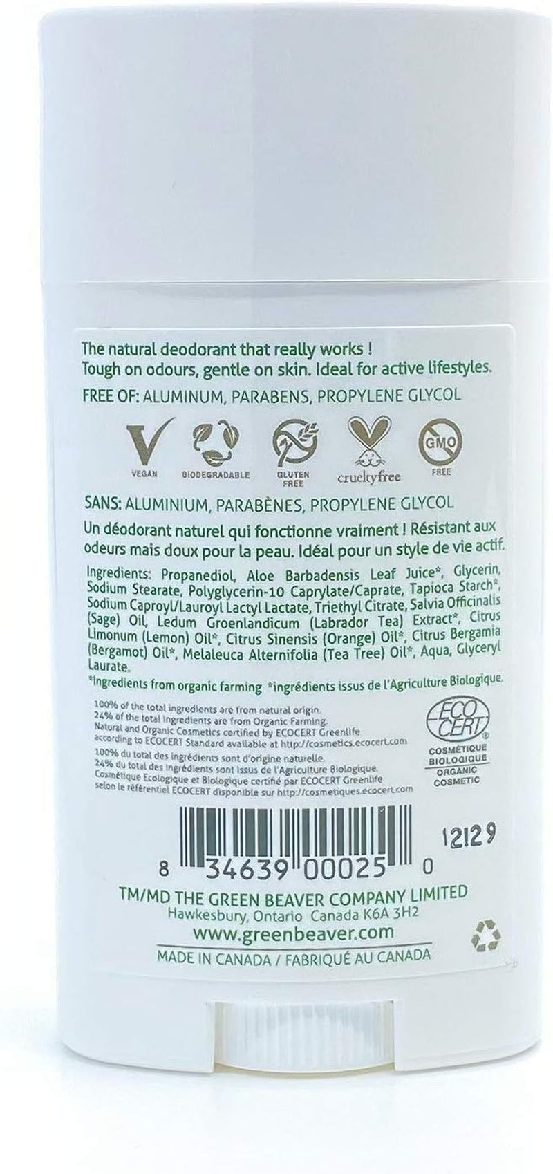 Green Beaver All Natural Body Deodorant, Paraben & Aluminum-Free, Vegan, for Normal & Sensitive Skin, Citrus, 1-Pack